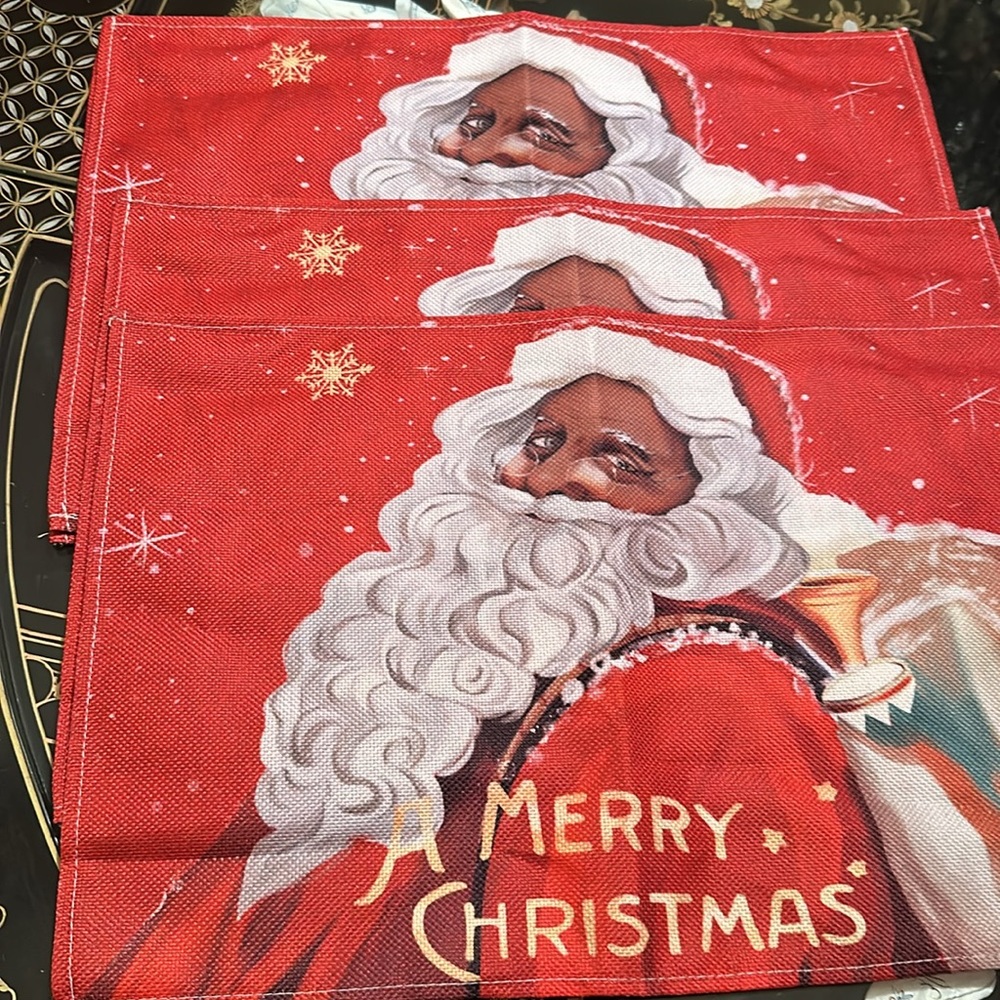 African-American, Black Santa Christmas Holiday Placemats Set of 4, 12X18